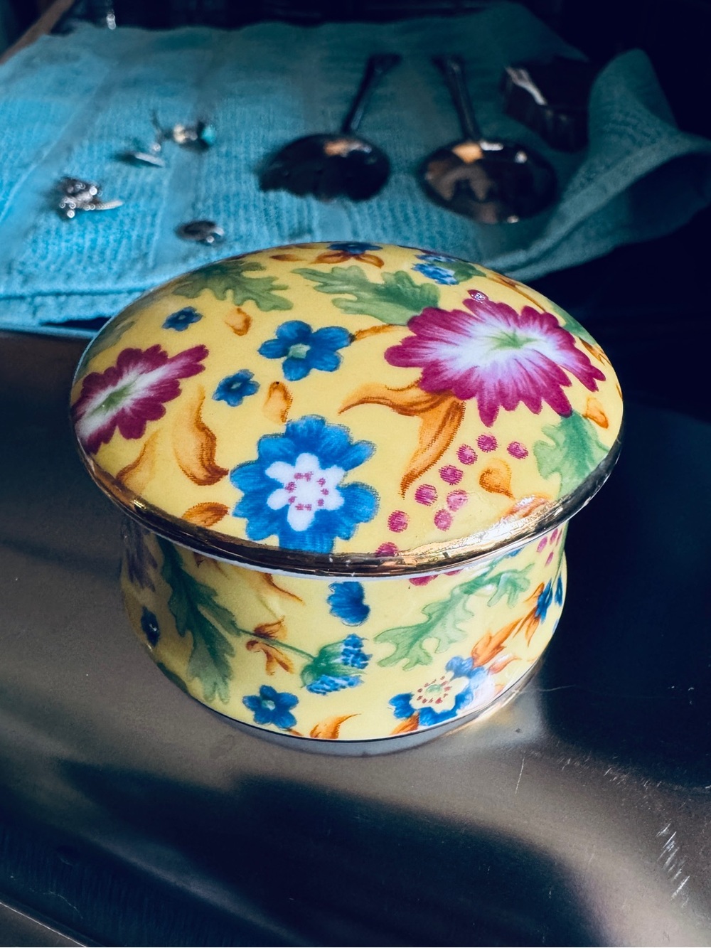 Two's Company Yellow Floral Enamel Trinket Box